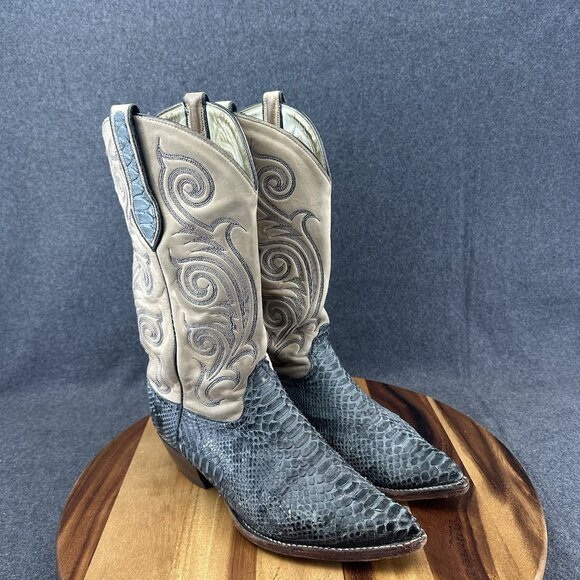 Tony Lama Boots 1466 Sz 10M Gray/Blue and Tan Snake Skin Embroidered - Picture 2 of 11